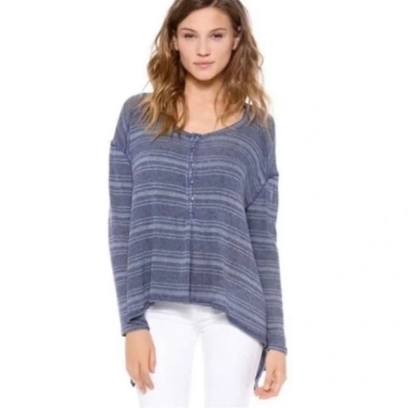we the free people blue striped henley slinky hacci long sleeve top - Picture 1 of 6